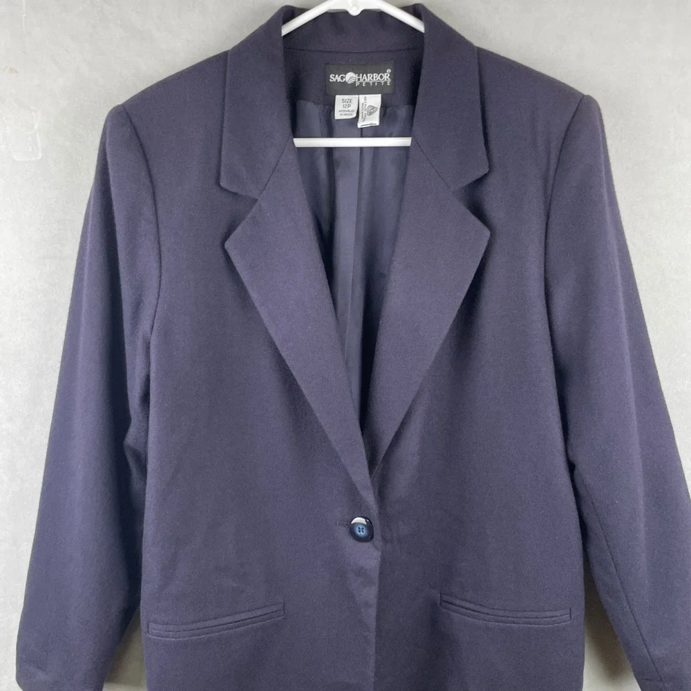 VTG Sag Harbor Petite Navy Blue 100% Wool Single Button Office Blazer Jacket 12P